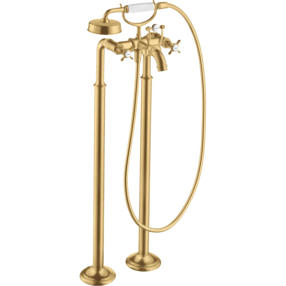 Axor Montreux 2-Handle Freestanding Tub Filler Trim with Cross Handles and 1.8 GPM Handshower in Brushed Gold Optic