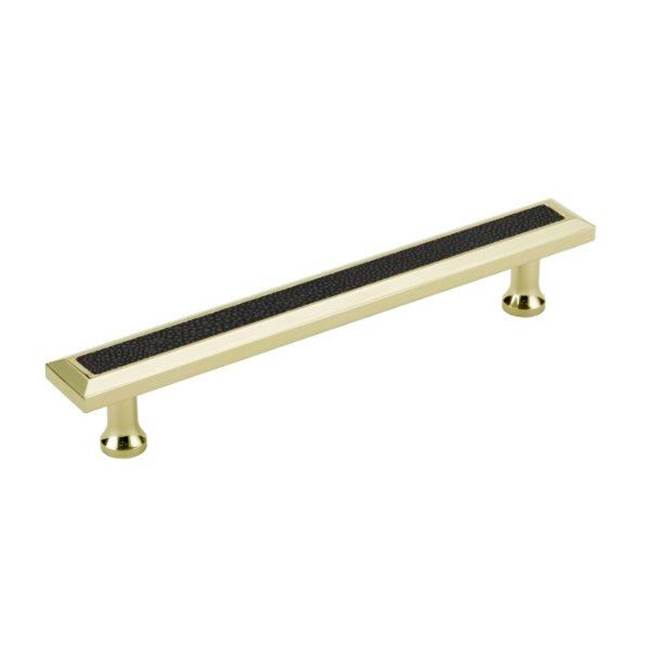 Colonial Bronze Leather Accented Rectangular, Beveled Cabinet Pull With Flared Posts, Nickel Stainless x Pinseal Black Seal Leather