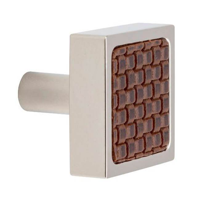 Colonial Bronze Leather Accented Square Cabinet Knob With Straight Post, Matte Pewter x Woven Bitter Chocolate Leather
