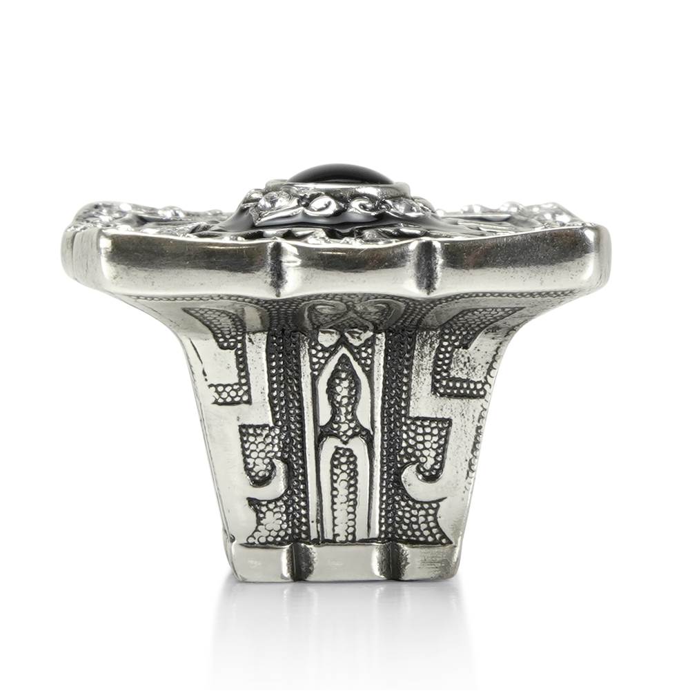 Edgar Berebi Chinoiserie Knob; Jet With Clear Crystal and Jet Cabochon Burnish Silver Finish