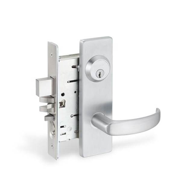 Falcon MA Series Grade 1 mortise lock, Exit lock, sectional with Latitude lever, satin chrome finish, less 6 pin cylinder