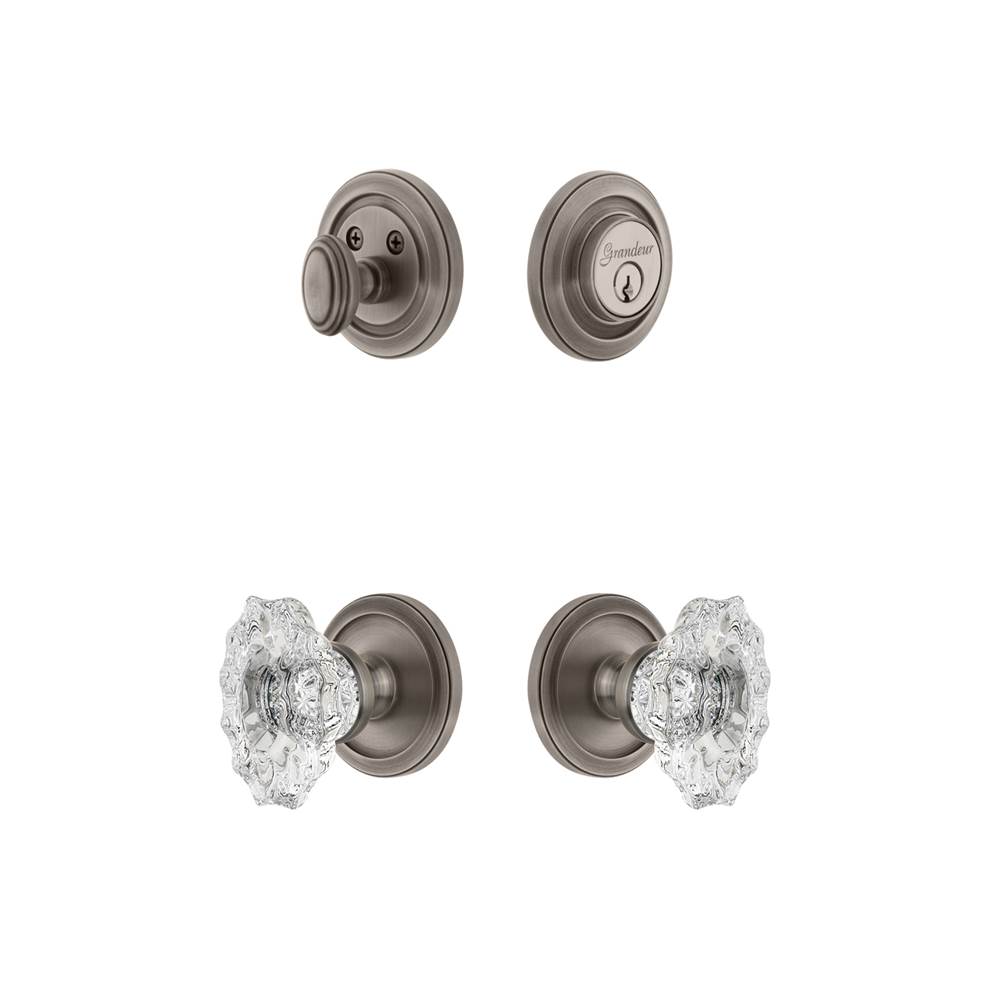 Grandeur Hardware Grandeur Circulaire Rosette with Biarritz Crystal Knob and matching Deadbolt in Antique Pewter