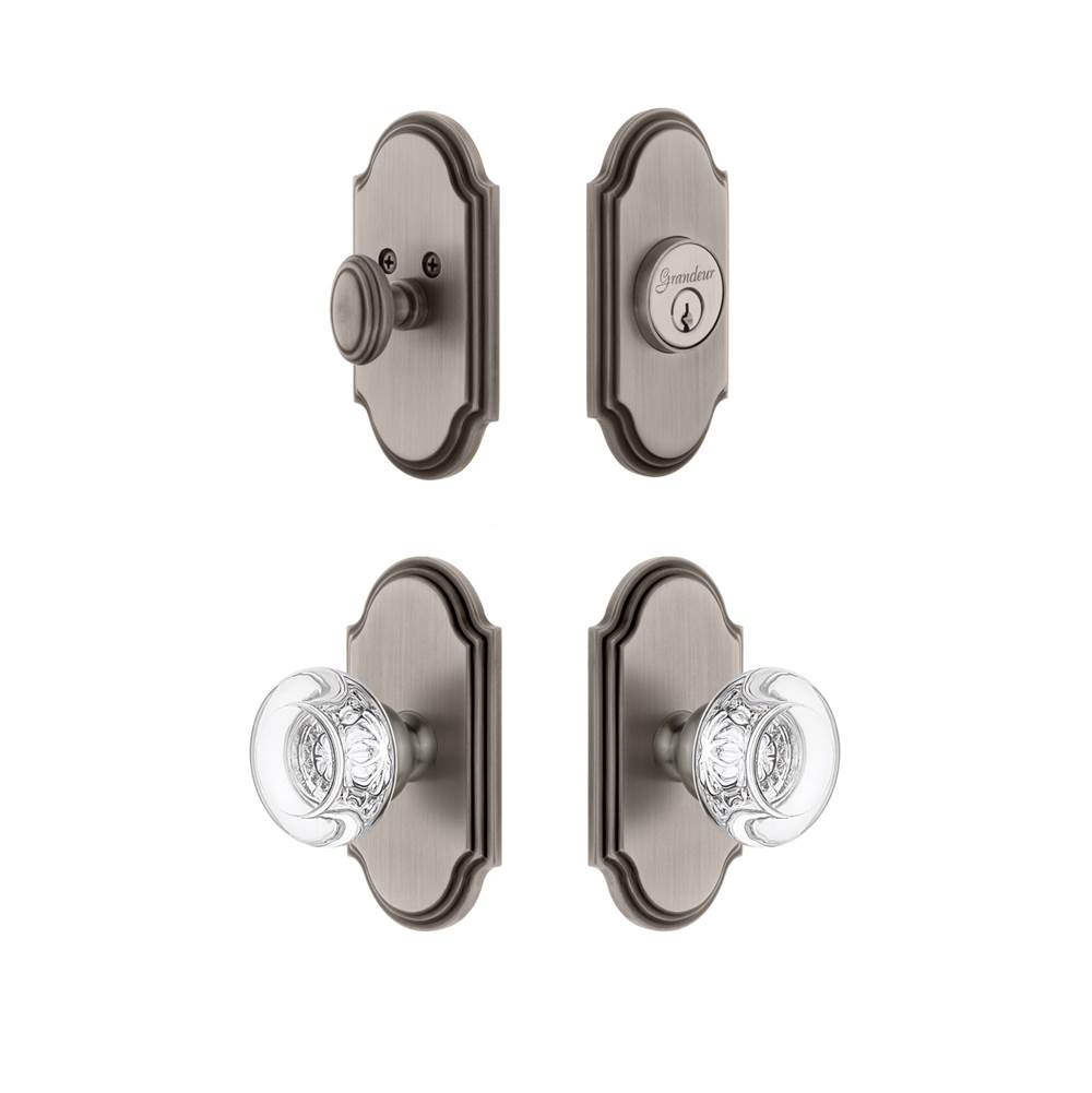 Grandeur Hardware Grandeur Arc Plate with Bordeaux Crystal Knob and matching Deadbolt in Antique Pewter