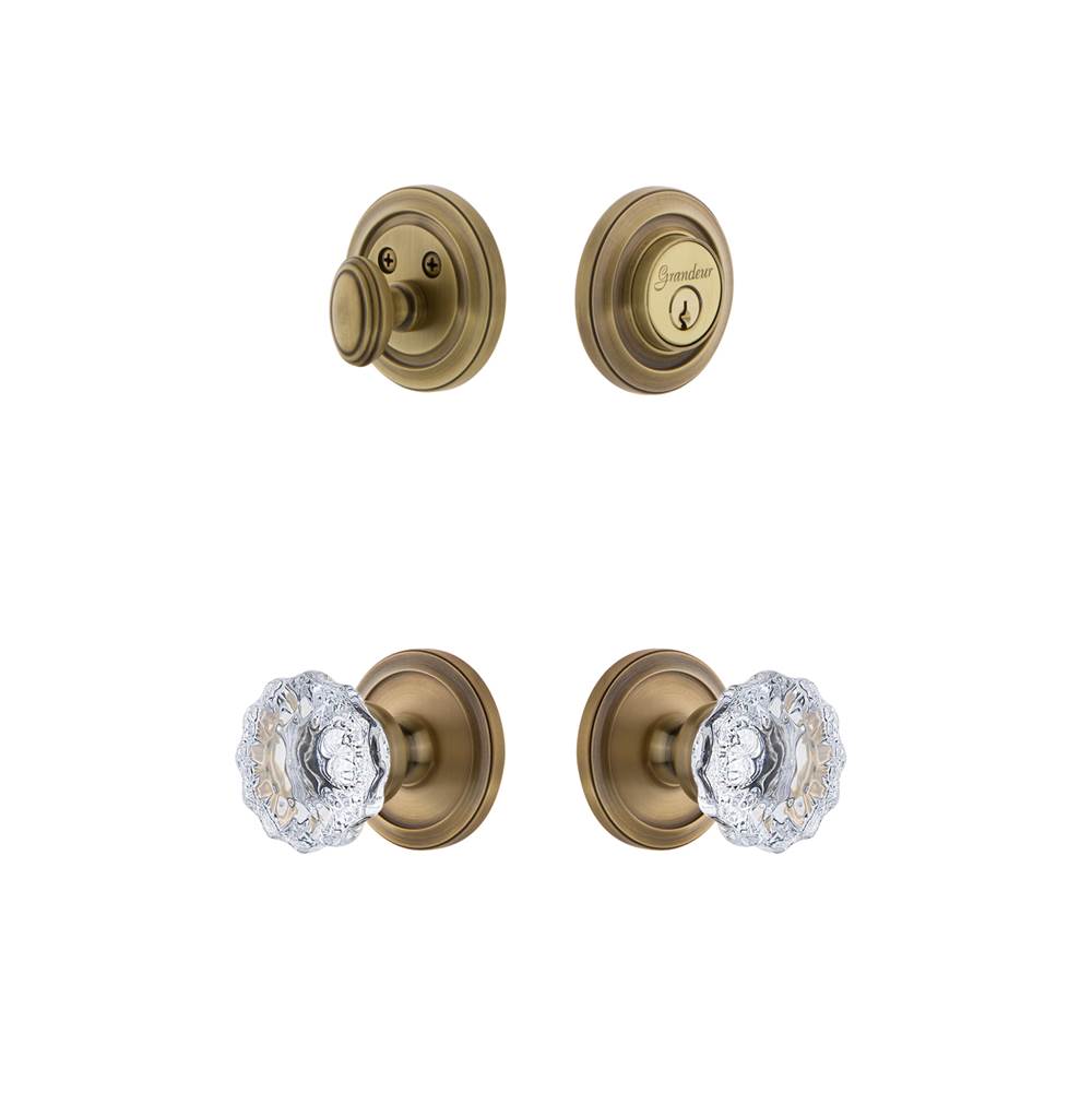 Grandeur Hardware Grandeur Circulaire Rosette with Fontainebleau Crystal Knob and matching Deadbolt in Vintage Brass
