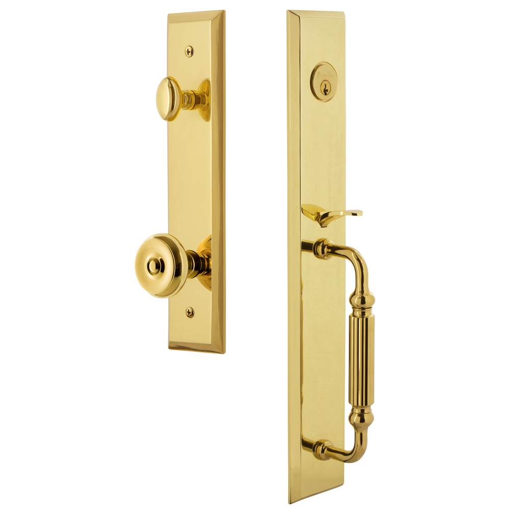 Grandeur Hardware Grandeur Hardware Fifth Avenue One-Piece Handleset with F Grip and Bouton Knob in Lifetime Brass
