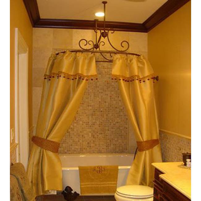 Herbeau ''Art Nouveau'' Shower Curtain Bar with 2 ceiling mount supports and 1 wall mount support in Antique Lacquered Brass