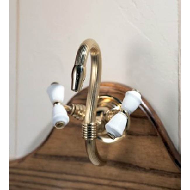 Herbeau ''Verseuse'' Wall Mounted Mixer with White or Handpainted Earthenware Handles in Berain Rose, Polished Brass