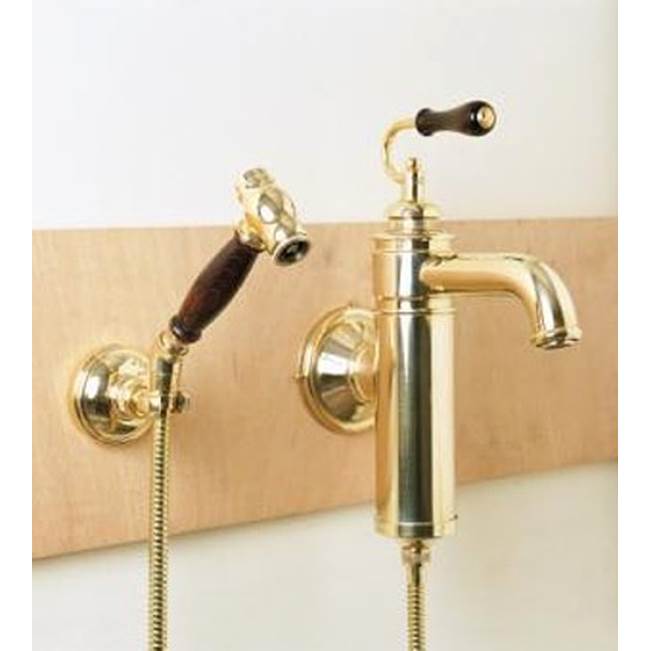 Herbeau ''Estelle'' Wall Mounted Single Lever Mixer with Ceramic Disc Cartridge and Handspray in White Handles, Polished Brass
