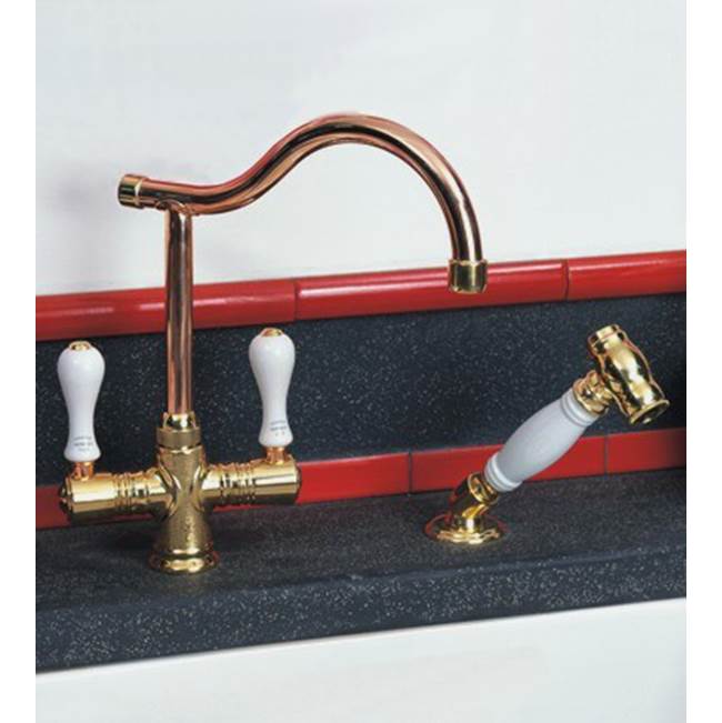 Herbeau ''Ostende'' Single-Hole Mixer with Handspray in White Handles, Weathered Copper and Brass