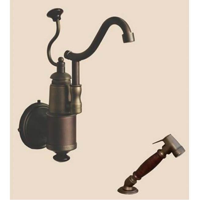Herbeau ''De Dion'' Wall Mounted Single Lever Mixer with Ceramic Disc Cartridge and Deck Mounted Handspray in White Handles, Lacquered Polished Copper