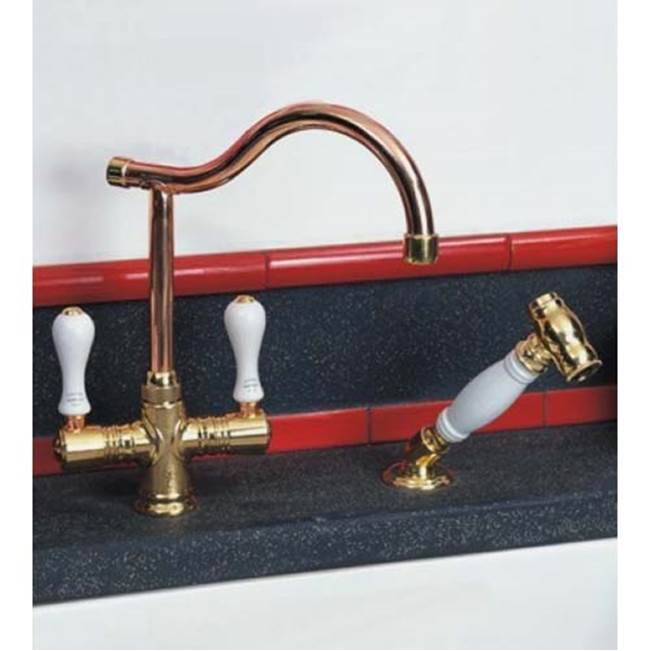 Herbeau ''Ostende'' Single-Hole Mixer with Handspray in Wooden Handles, French Weathered Brass