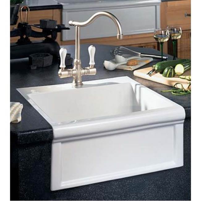 Herbeau ''Petite Luberon'' Fireclay Farmhouse Sink in Moustier Bleu, French Ivory background