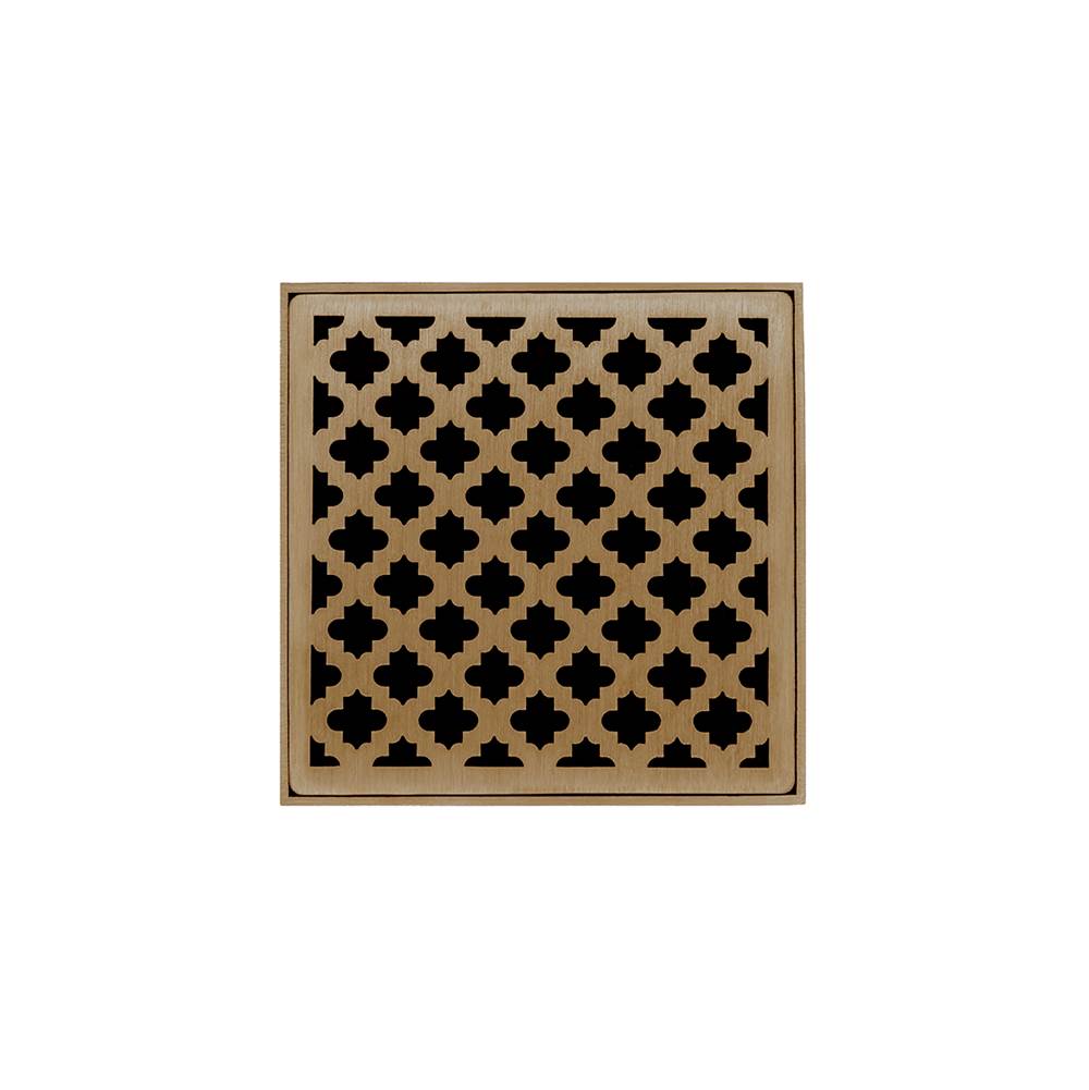 Infinity Drain 5'' x 5'' MD 5 Complete Kit with Moor Pattern Decorative Plate in Satin Bronze with ABS Drain Body, 2'' Outlet