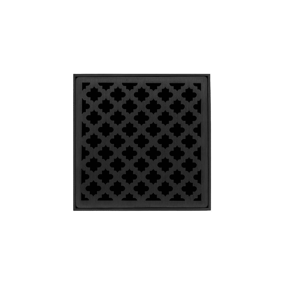 Infinity Drain 5'' x 5'' MD 5 High Flow Complete Kit with Moor Pattern Decorative Plate in Matte Black with PVC Drain Body, 3'' Outlet