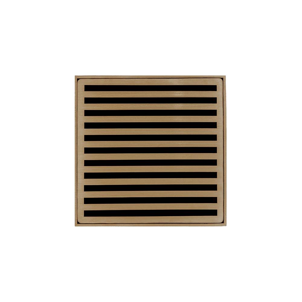Infinity Drain 5'' x 5'' ND 5 High Flow Complete Kit with Lines Pattern Decorative Plate in Satin Bronze with Cast Iron Drain Body, 3'' No-Hub Outlet