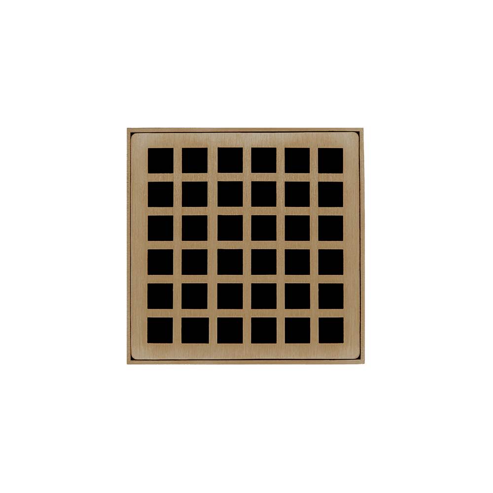 Infinity Drain 4'' x 4'' QDB 4 Complete Kit with Squares Pattern Decorative Plate in Satin Bronze with PVC Bonded Flange Drain Body, 2'', 3'' and 4'' Outlet