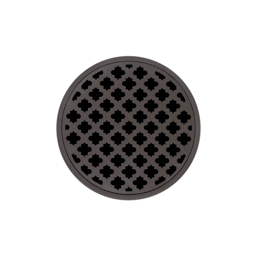 Infinity Drain 5'' Round RMDB 5 Complete Kit with Moor Pattern Decorative Plate in Oil Rubbed Bronze with Stainless Steel Bonded Flange Drain Body, 2'' No Hub Outlet