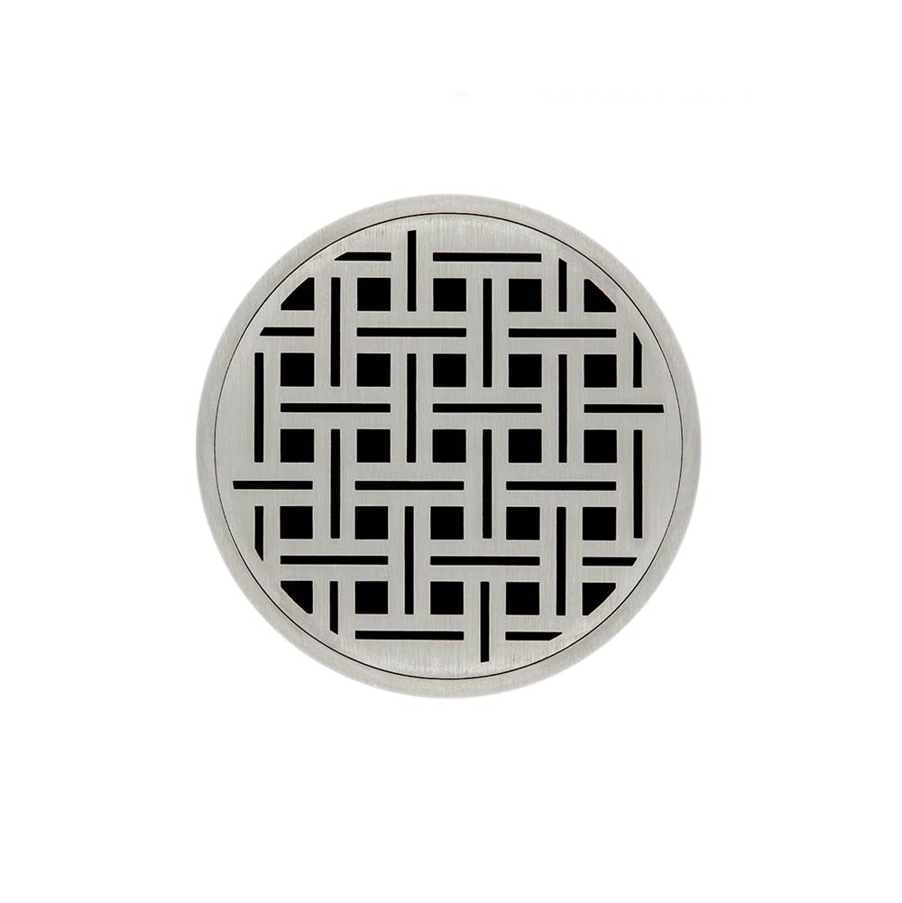 Infinity Drain 5'' Round RVDB 5 Complete Kit with Weave Pattern Decorative Plate in Satin Stainless with PVC Bonded Flange Drain Body, 2'', 3'' and 4'' Outlet