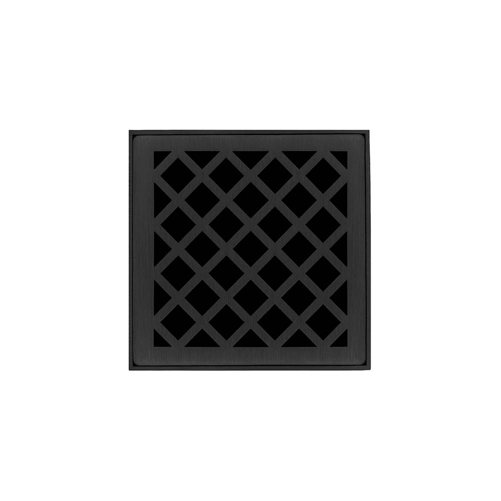 Infinity Drain 4'' x 4'' XDB 4 Complete Kit with Criss-Cross Pattern Decorative Plate in Matte Black with Stainless Steel Bonded Flange Drain Body, 2'' No Hub Outlet