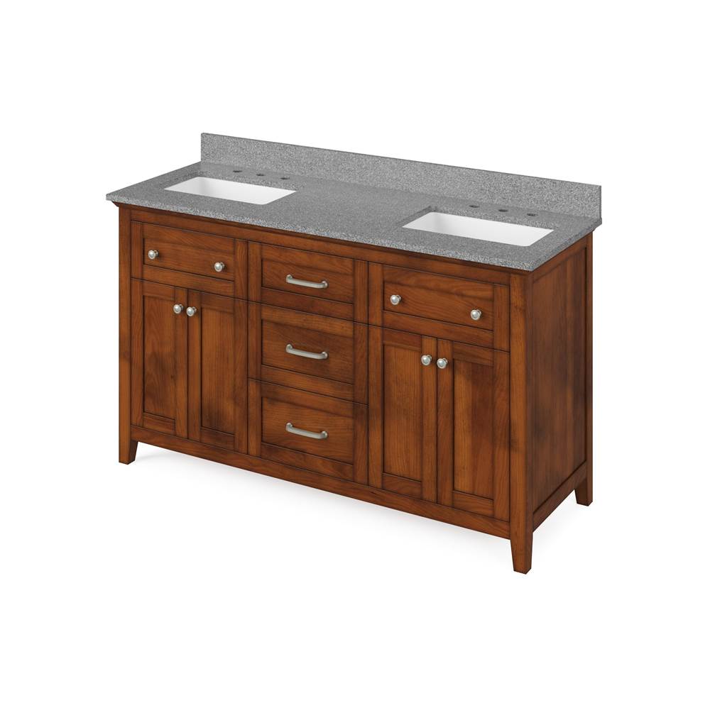 Jeffrey Alexander 60'' Chocolate Chatham Vanity, double bowl, Steel Grey Cultured Marble Vanity Top, two undermount rectangle bowls