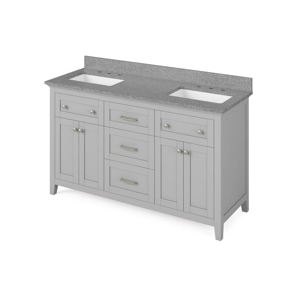 Jeffrey Alexander 60'' Grey Chatham Vanity, double bowl, Steel Grey Cultured Marble Vanity Top, two undermount rectangle bowls