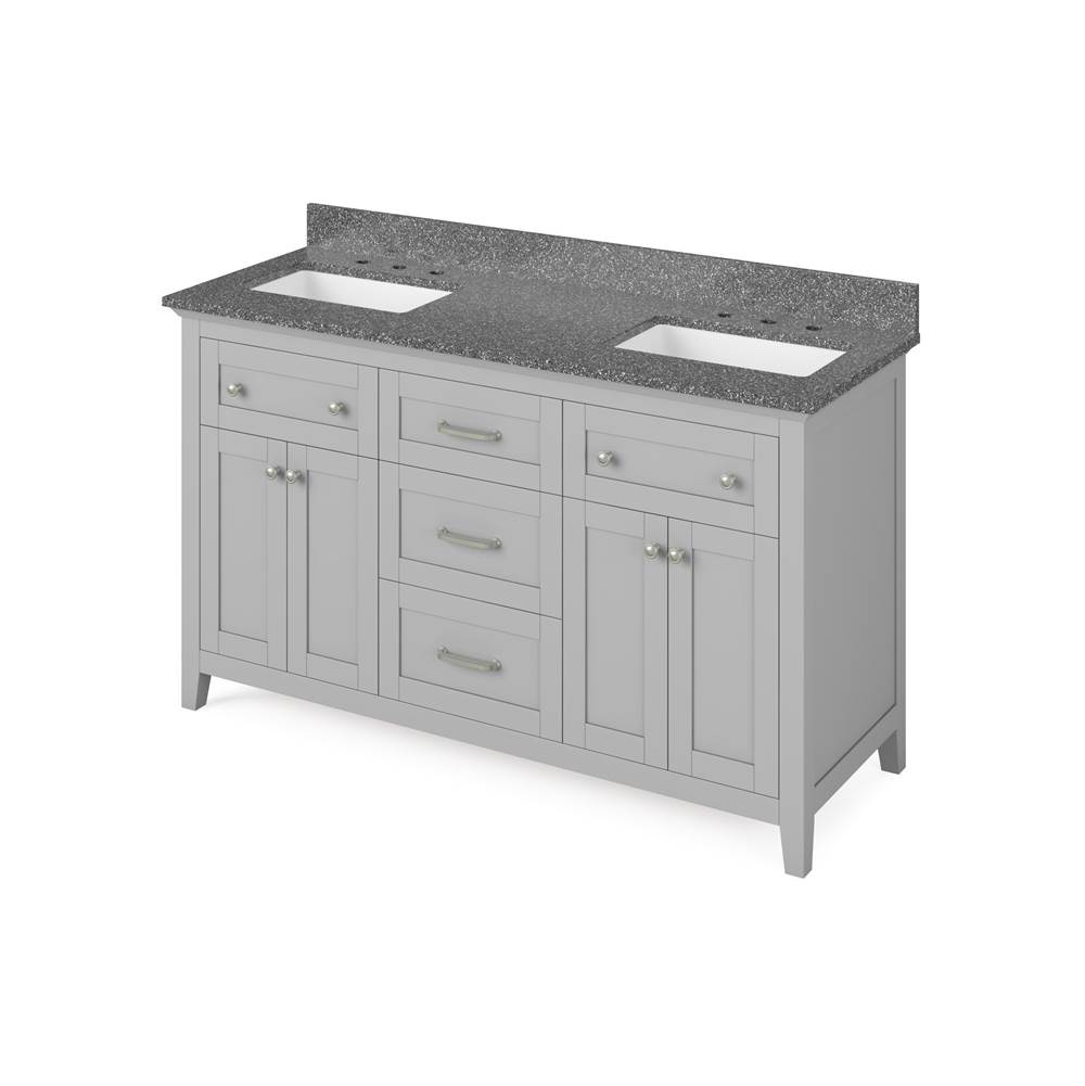 Jeffrey Alexander 60'' Grey Chatham Vanity, double bowl, Boulder Cultured Marble Vanity Top, two undermount rectangle bowls