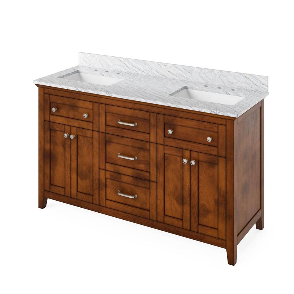 Jeffrey Alexander 60'' Chocolate Chatham Vanity, double bowl, White Carrara Marble Vanity Top, two undermount rectangle bowls
