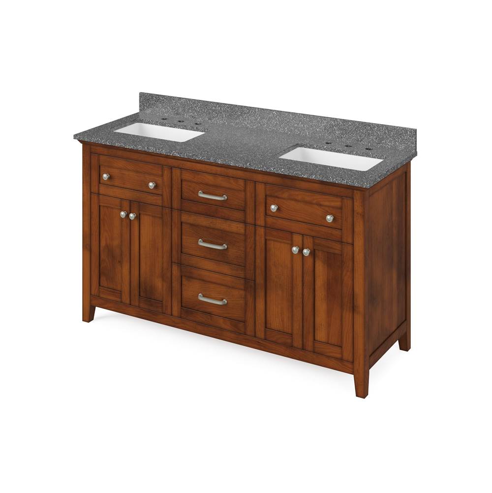 Jeffrey Alexander 60'' Chocolate Chatham Vanity, double bowl, Boulder Cultured Marble Vanity Top, two undermount rectangle bowls