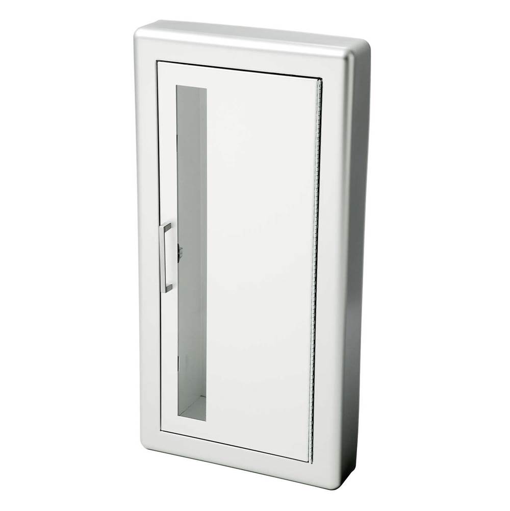 JL Industries Academy Series Aluminum Fire-Rated Cabinet with Vertical Acrylic Window and 3'' Rolled Trim, Semi-Recessed 6'' Depth