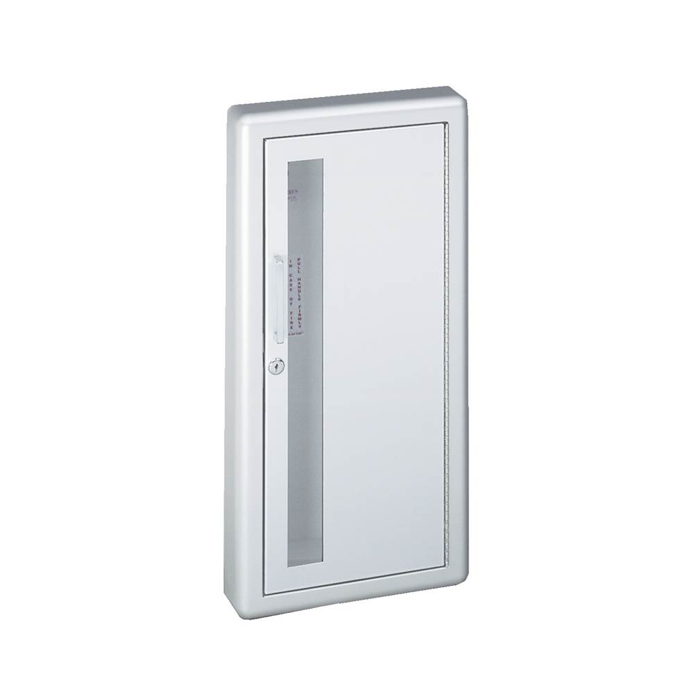 JL Industries Academy Series Aluminum Cabinet with Vertical Acrylic Window, 3'' Rolled Trim & SAF-T-LOK, Semi-Recessed, 6'' Depth