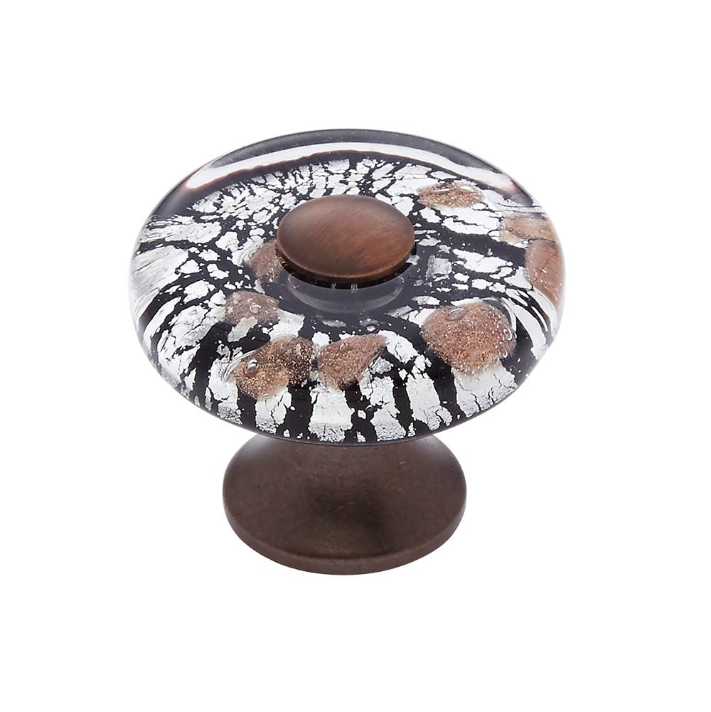 JVJ Hardware Murano Collection Old World Bronze Finish 35 mm Clear w/Black Lines and Copper Flat Round Glass Knob, Composition Glass and Solid Brass