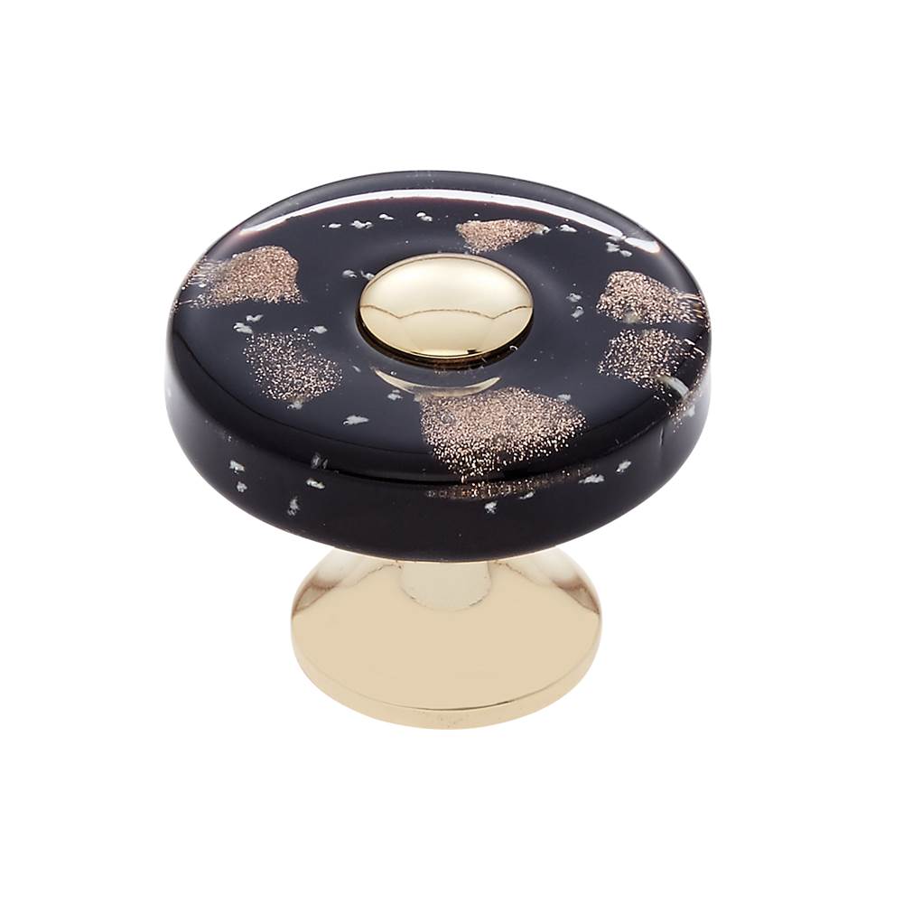 JVJ Hardware Murano Collection 24K Gold Plated Finish 35 mm Black w/Copper Flecks Flat Round Glass Knob, Composition Glass and Solid Brass