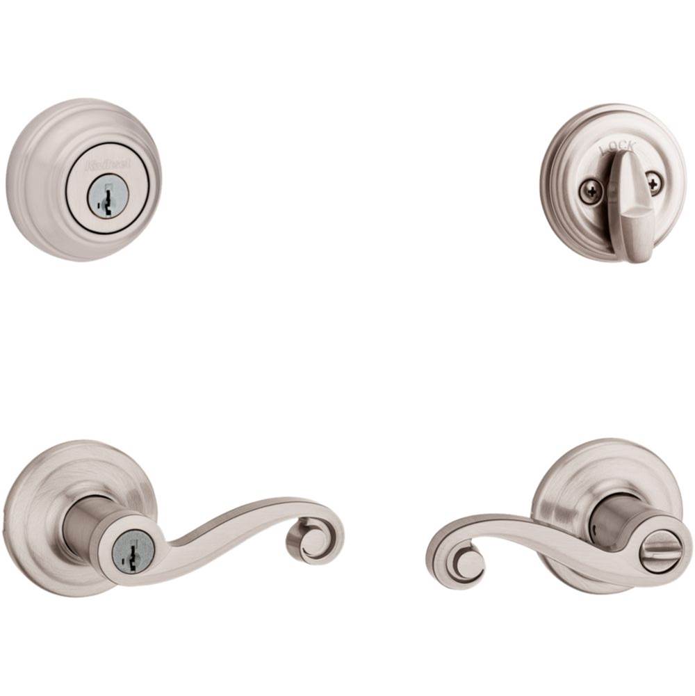Kwikset Lido Keyed Entry Lever and Single Cylinder Deadbolt Combo Pack featuring SmartKey in Polished Brass