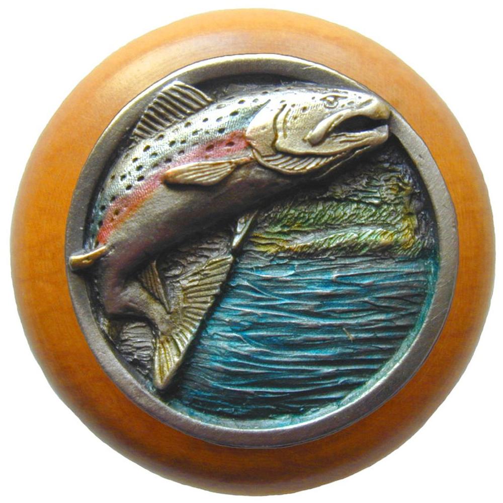 Notting Hill Leaping Trout Wood Knob in Hand-tinted Antique Pewter/Maple wood finish