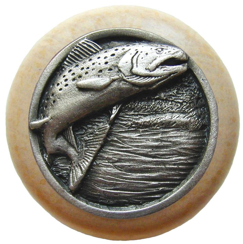 Notting Hill Leaping Trout Wood Knob in Antique Pewter/Natural wood finish