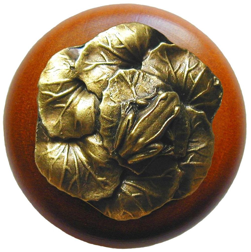 Notting Hill Leap Frog Wood Knob in Antique Brass /Cherry wood finish