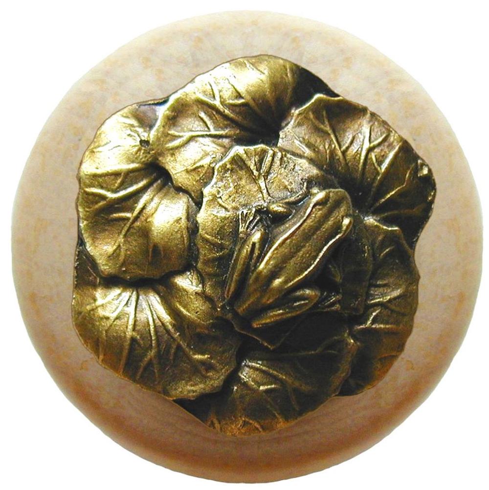 Notting Hill Leap Frog Wood Knob in Antique Brass /Natural wood finish