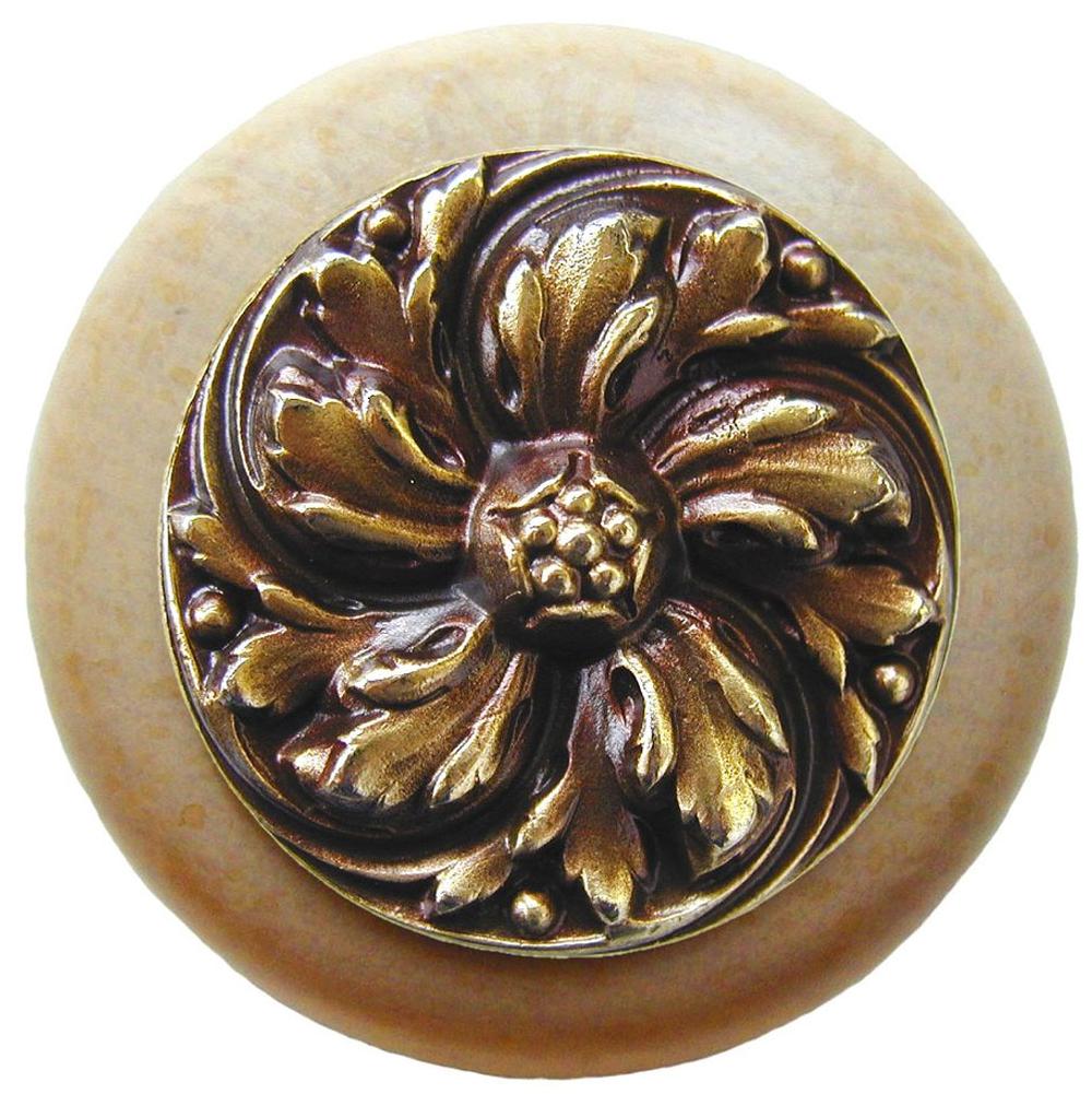 Notting Hill Chrysanthemum Wood Knob in Antique Brass/Natural wood finish