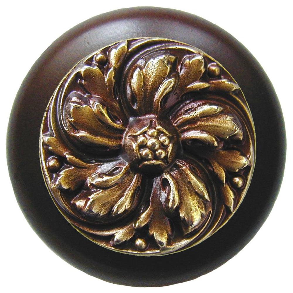 Notting Hill Chrysanthemum Wood Knob in Antique Brass/Dark Walnut wood finish