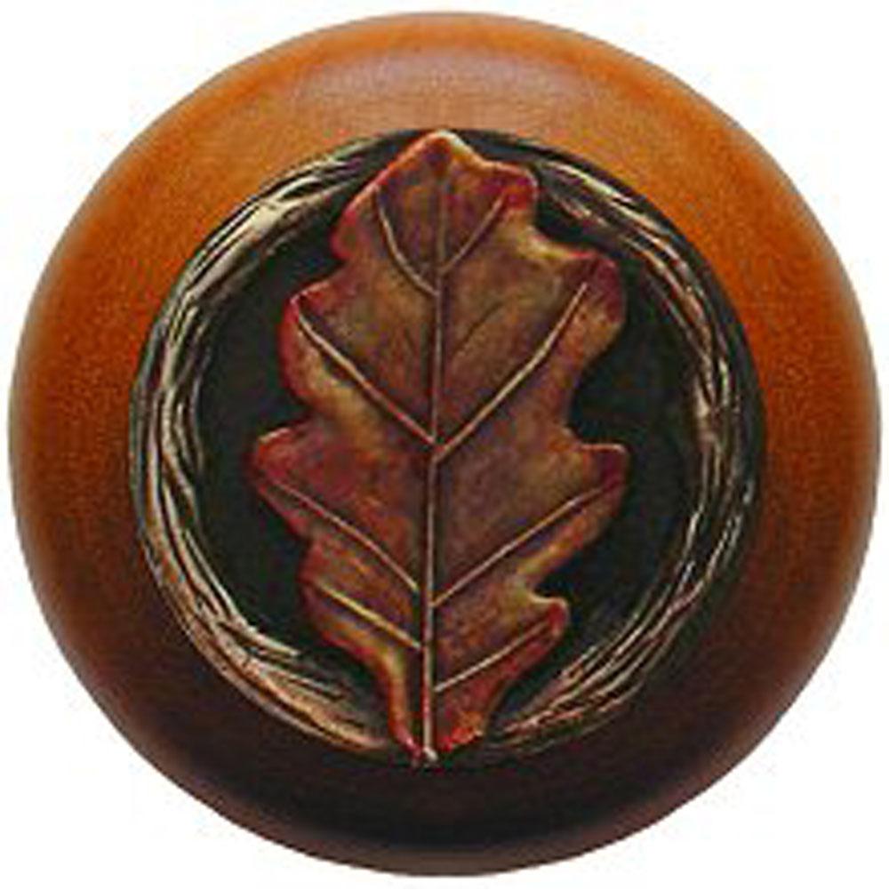Notting Hill Oak Leaf Wood Knob in Hand-tinted Antique Brass/Cherry wood finish