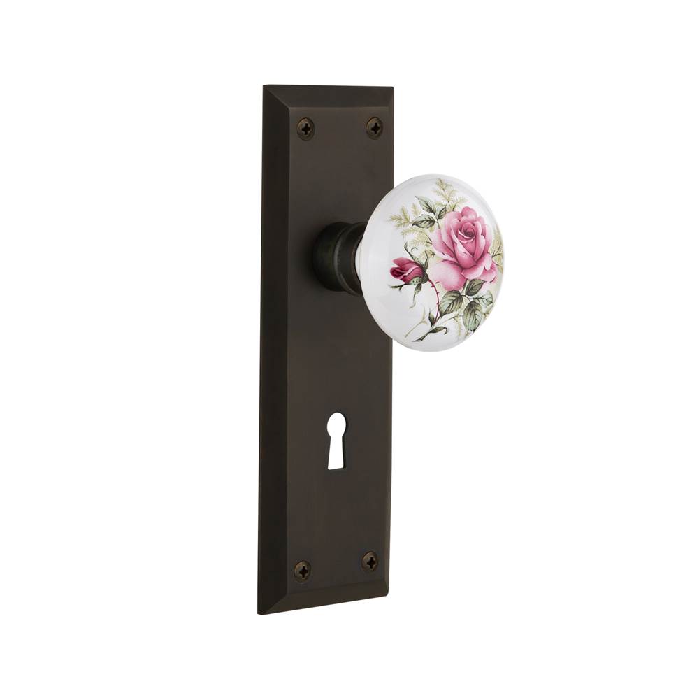 Nostalgic Warehouse Nostalgic Warehouse New York Plate with Keyhole Privacy White Rose Porcelain Door Knob in Oil-Rubbed Bronze