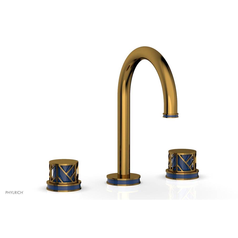 Phylrich Satin Gold Jolie Widespread Lavatory Faucet With Gooseneck Spout, Round Cutaway Handles, And Navy Blue Accents - 1.2GPM