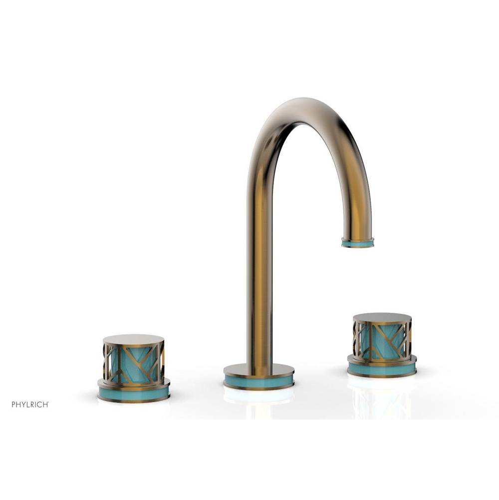 Phylrich Antique Brass Jolie Widespread Lavatory Faucet With Gooseneck Spout, Round Cutaway Handles, And Turquoise Accents - 1.2GPM