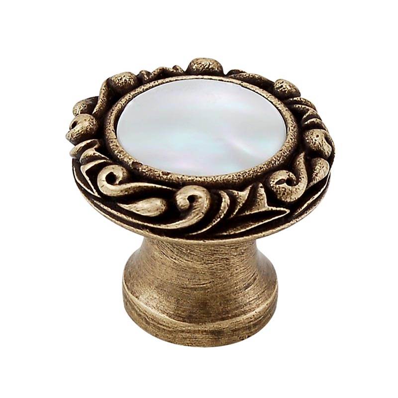 Vicenza Designs Liscio, Knob, Small, Small Base, Round, Stone Insert, Mother of Pearl, Antique Brass
