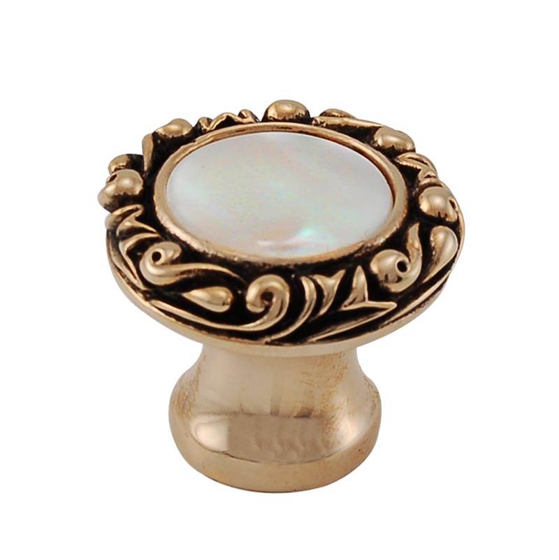 Vicenza Designs Liscio, Knob, Small, Small Base, Round, Stone Insert, Mother of Pearl, Antique Gold