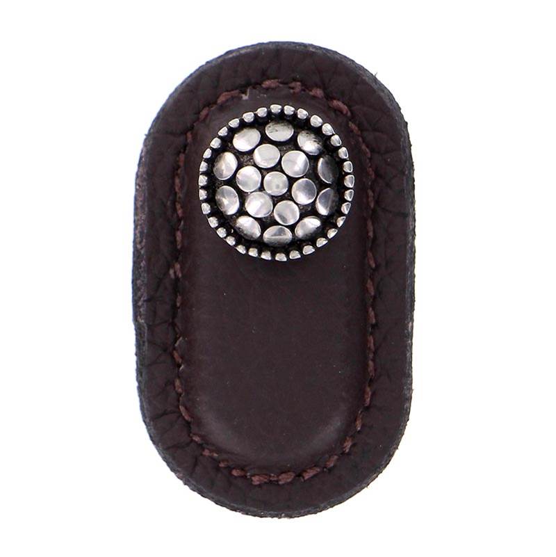 Vicenza Designs Tiziano, Knob, Large, Leather, Round, Brown, Antique Silver