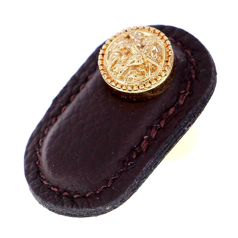 Vicenza Designs San Michele, Knob, Large, Leather, Brown, Polished Gold