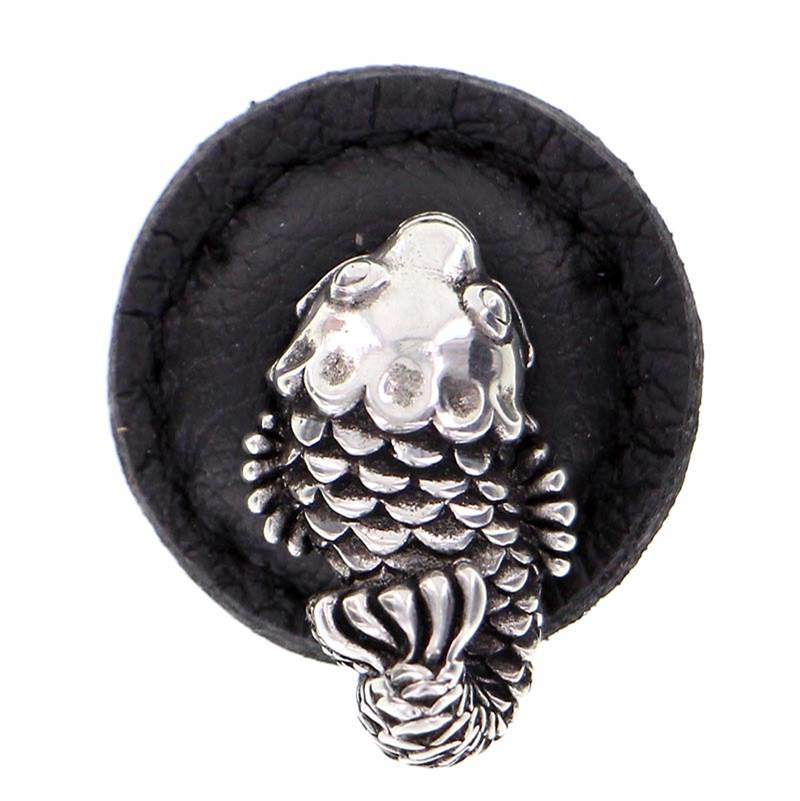 Vicenza Designs Pollino, Knob, Large, Round Leather, Koi, Black, Antique Silver