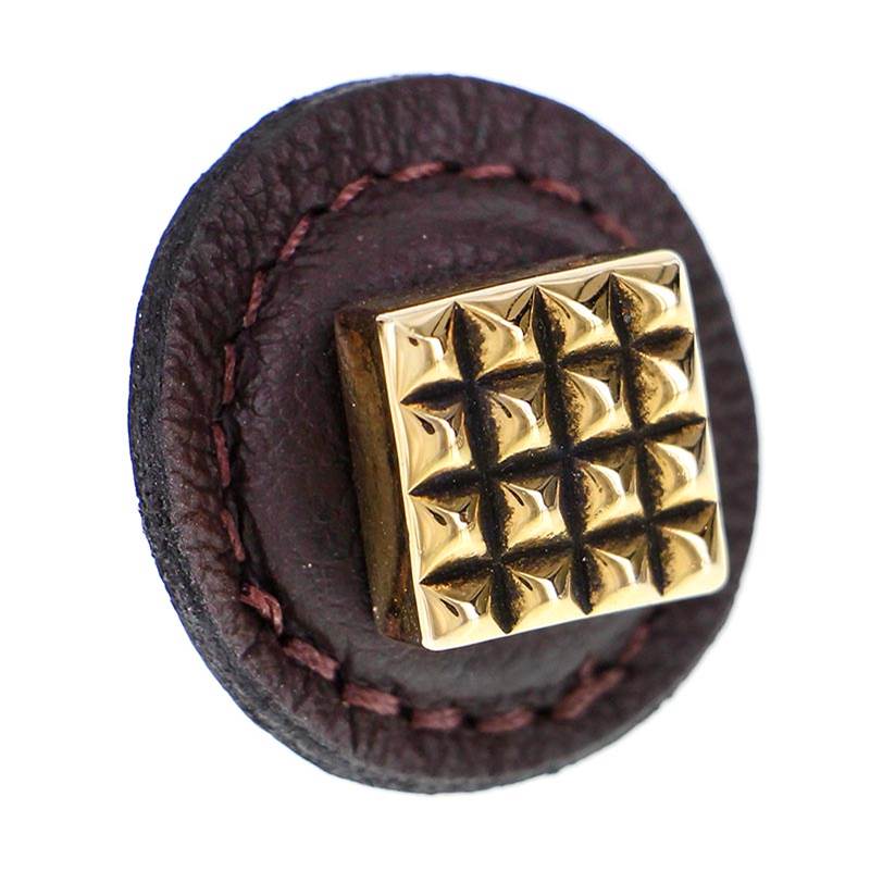 Vicenza Designs Tiziano, Knob, Large, Round Leather, Square, Brown, Antique Gold