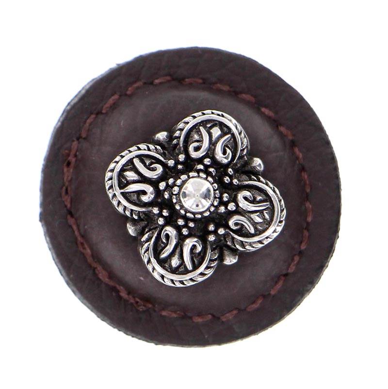 Vicenza Designs Napoli, Knob, Large, Round Leather, Brown, Antique Silver